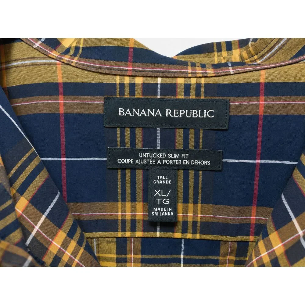 Banana Republic XL Tall Slim Fit Plaid Shirt Navy Gold Untucked Cotton Men's